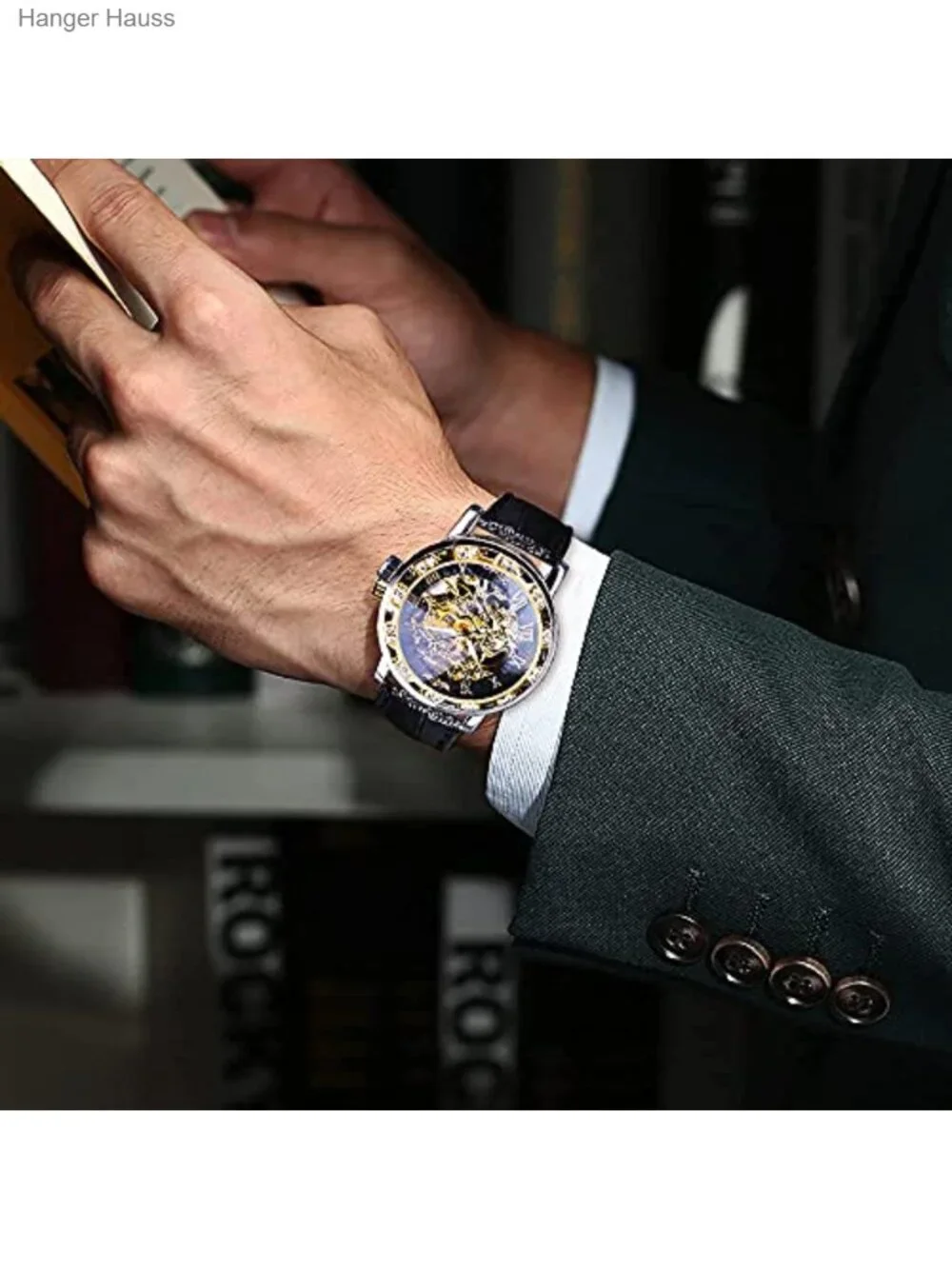 Men's Skeleton Mechanical Watch with Diamond Crystal Carving Flower Dial and